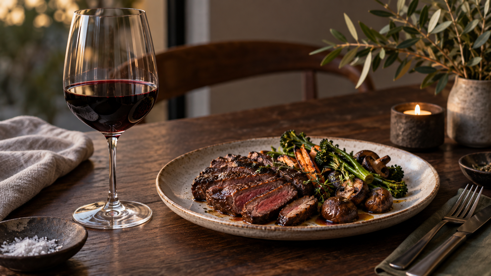 Malbec served with grilled beef, mushrooms and roasted vegetables
