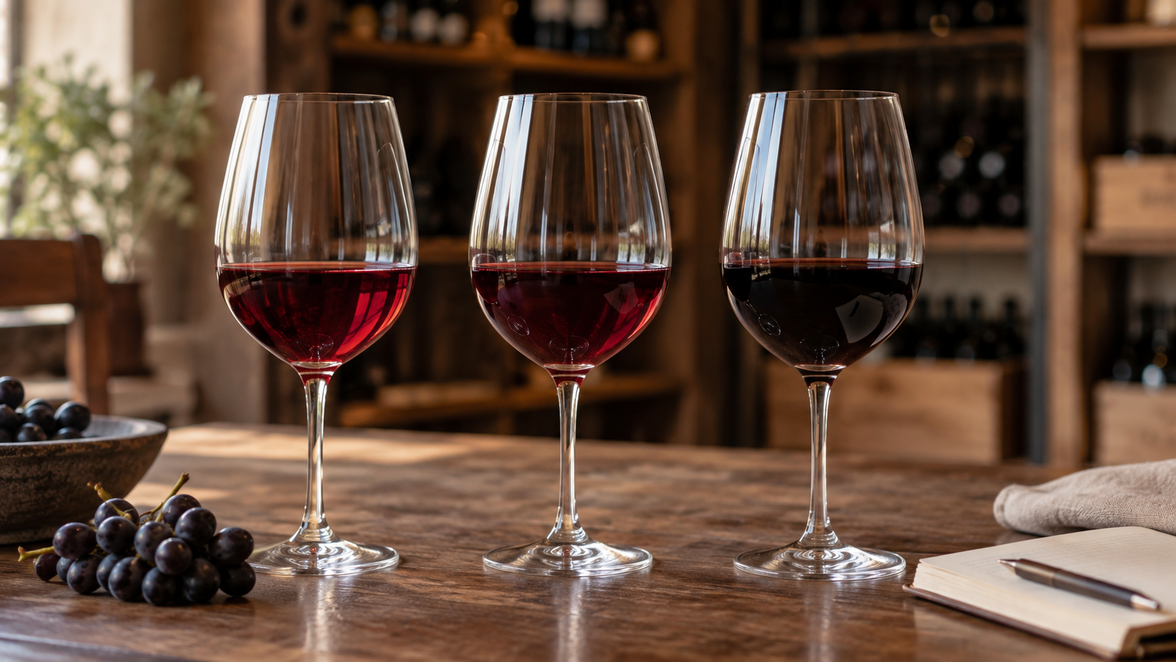Three glasses illustrating different styles and depths of Malbec